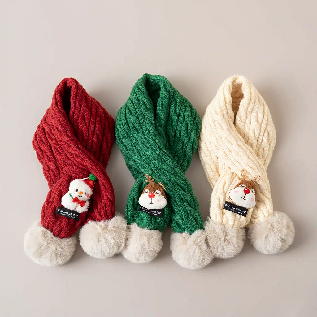 Tour de cou enfant tricoté | Motifs Noël & pompons