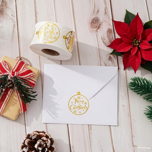 Autocollants de Noël dorés à hot foil – 500 pièces rondes transparentes (Ø 3,8 cm)