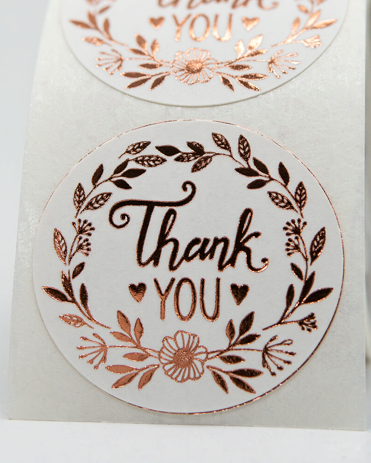 Autocollants ronds « Merci » – Couronne dorée rose (Lot de 500)