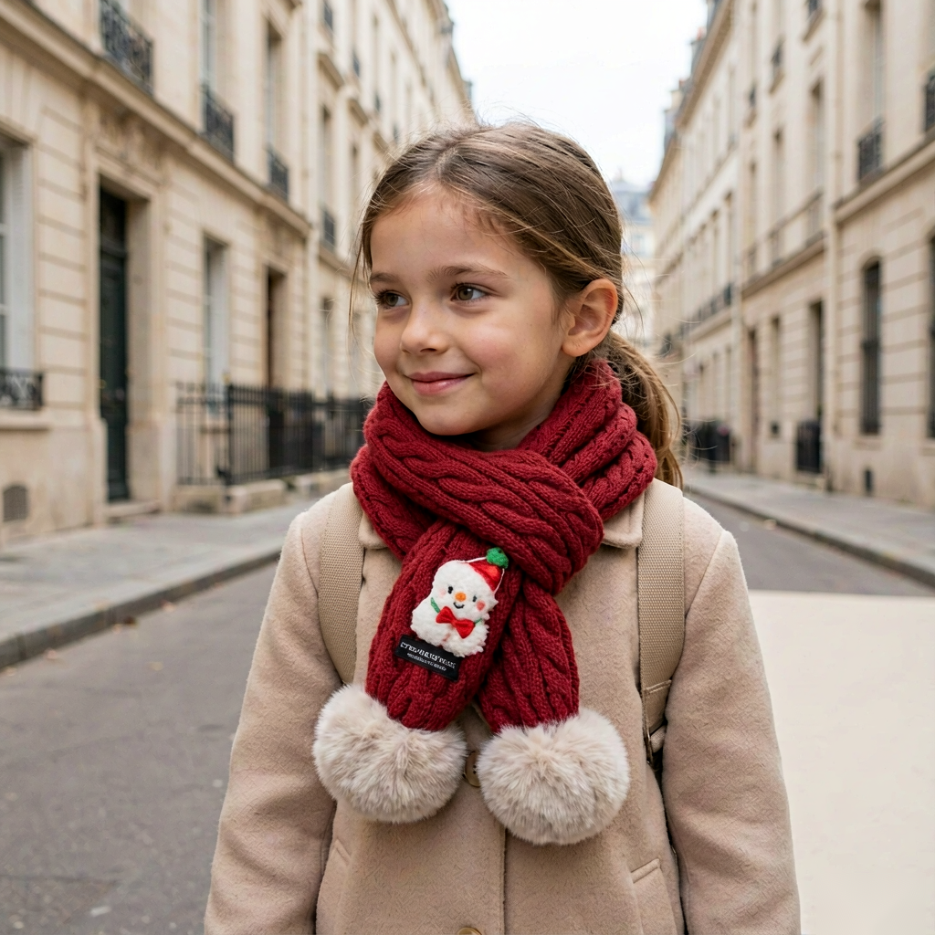 Tour de cou enfant tricoté | Motifs Noël & pompons