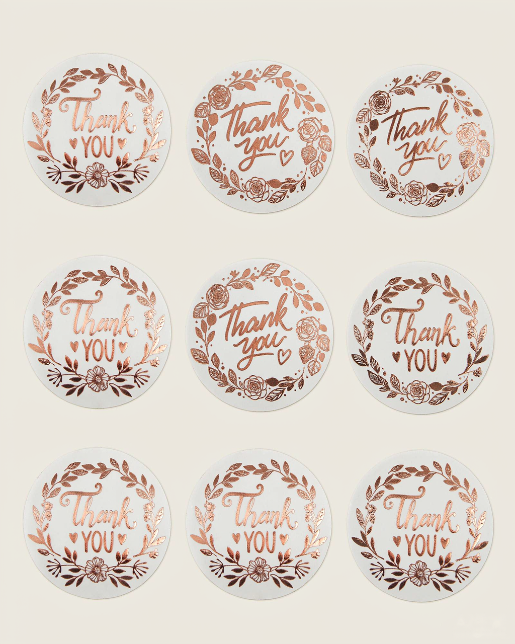 Autocollants ronds « Merci » – Couronne dorée rose (Lot de 500)