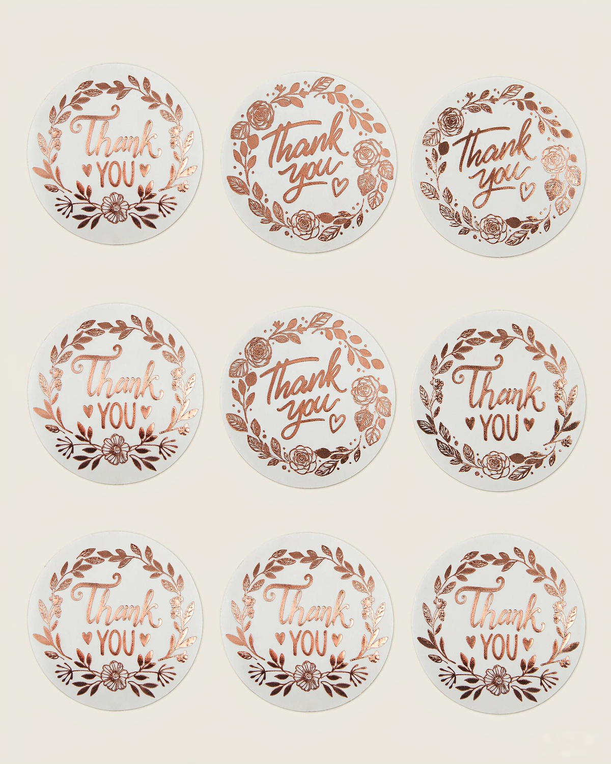 Autocollants ronds « Merci » – Couronne dorée rose (Lot de 500)