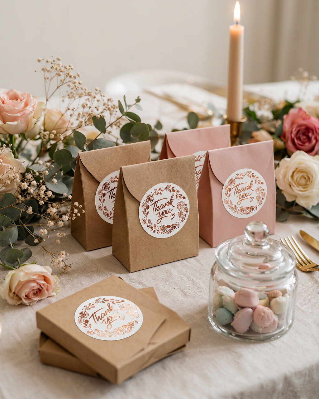 Autocollants ronds « Merci » – Couronne dorée rose (Lot de 500)