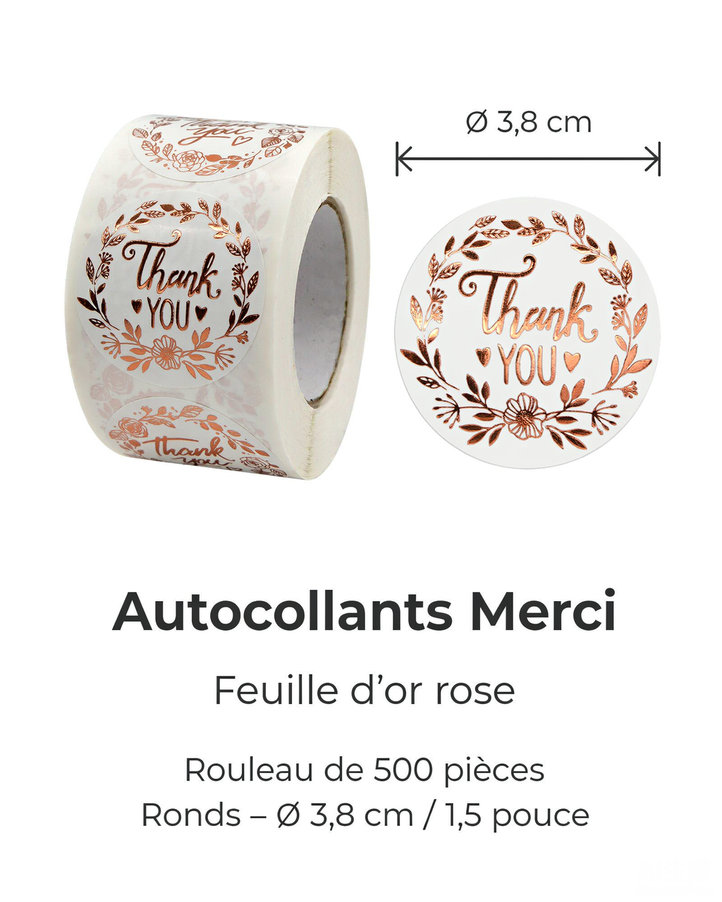 Autocollants ronds « Merci » – Couronne dorée rose (Lot de 500)