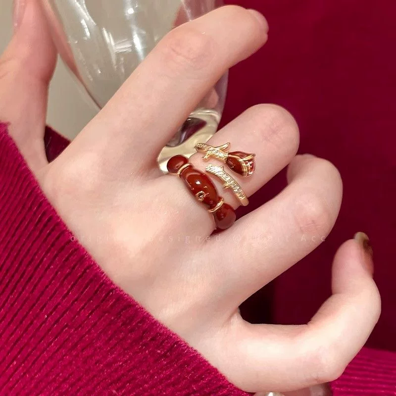 Bagues ouvertes à roses rouges émaillées, en alliage de cuivre doré – porter seule ou en accumulation, Style rétro élégant, idéale pour Noël et le Nouvel An