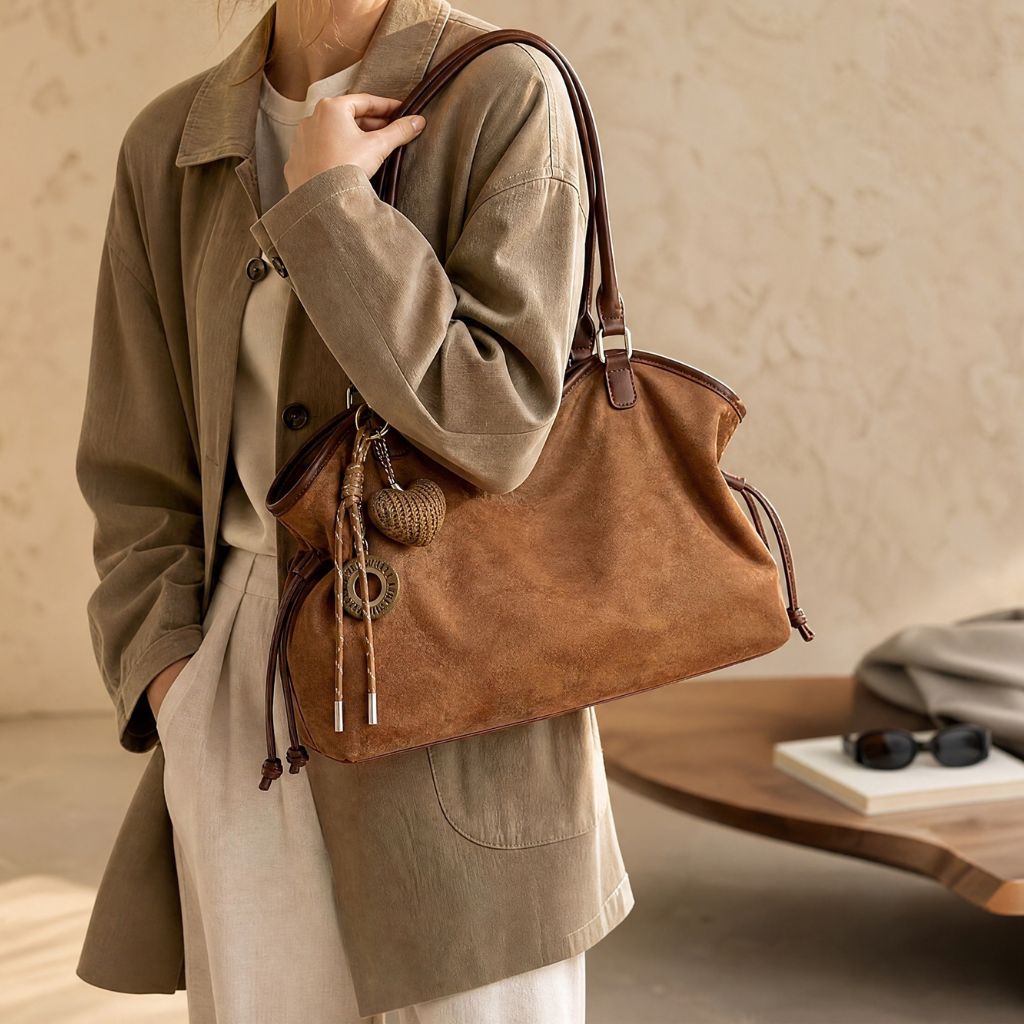 Sac marron effet suédé à pendentif cœur – Style rétro