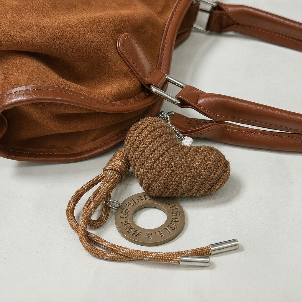 Sac marron effet suédé à pendentif cœur – Style rétro