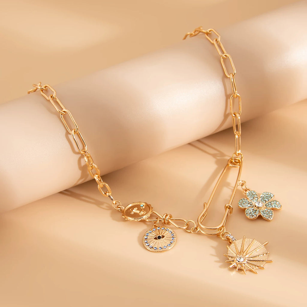 Collier charms doré, Maillons graphiques, pendentifs lumineux