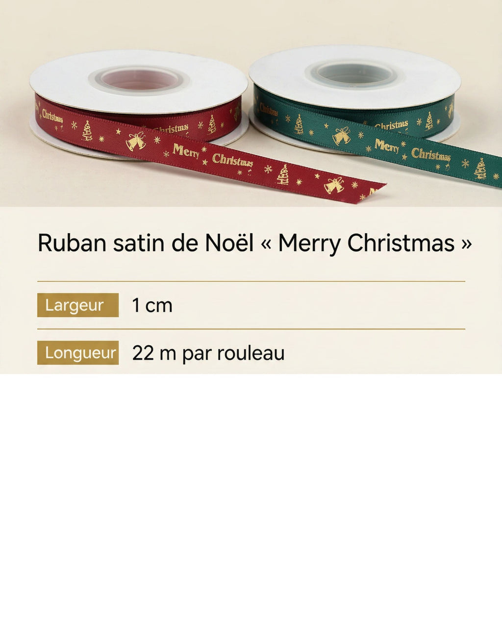 Ruban cadeau de Noël doré, 1 cm × 22 m – Rouge vin & Vert sapin
