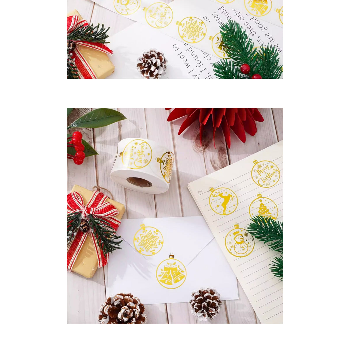 500pcs Autocollants transparents dorés de Noël – 500 pièces par rouleau, étiquettes adhésives festives pour emballages et cadeaux