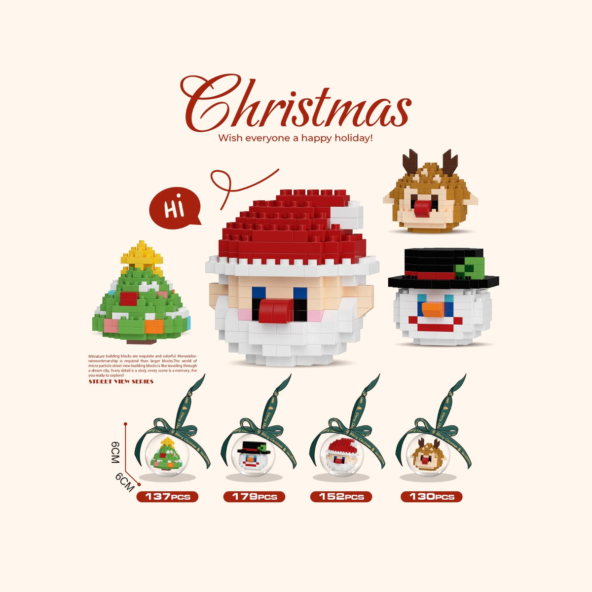 🧩Mini blocs de construction, avec Boules de Noël transparentes décoratives - Père Noël, renne, bonhomme de neige, sapin de Noël, DIY suspendues pour sapin de Noël