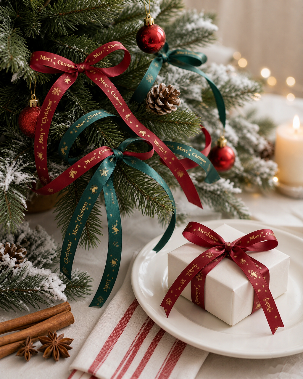 Ruban cadeau de Noël doré, 1 cm × 22 m – Rouge vin & Vert sapin