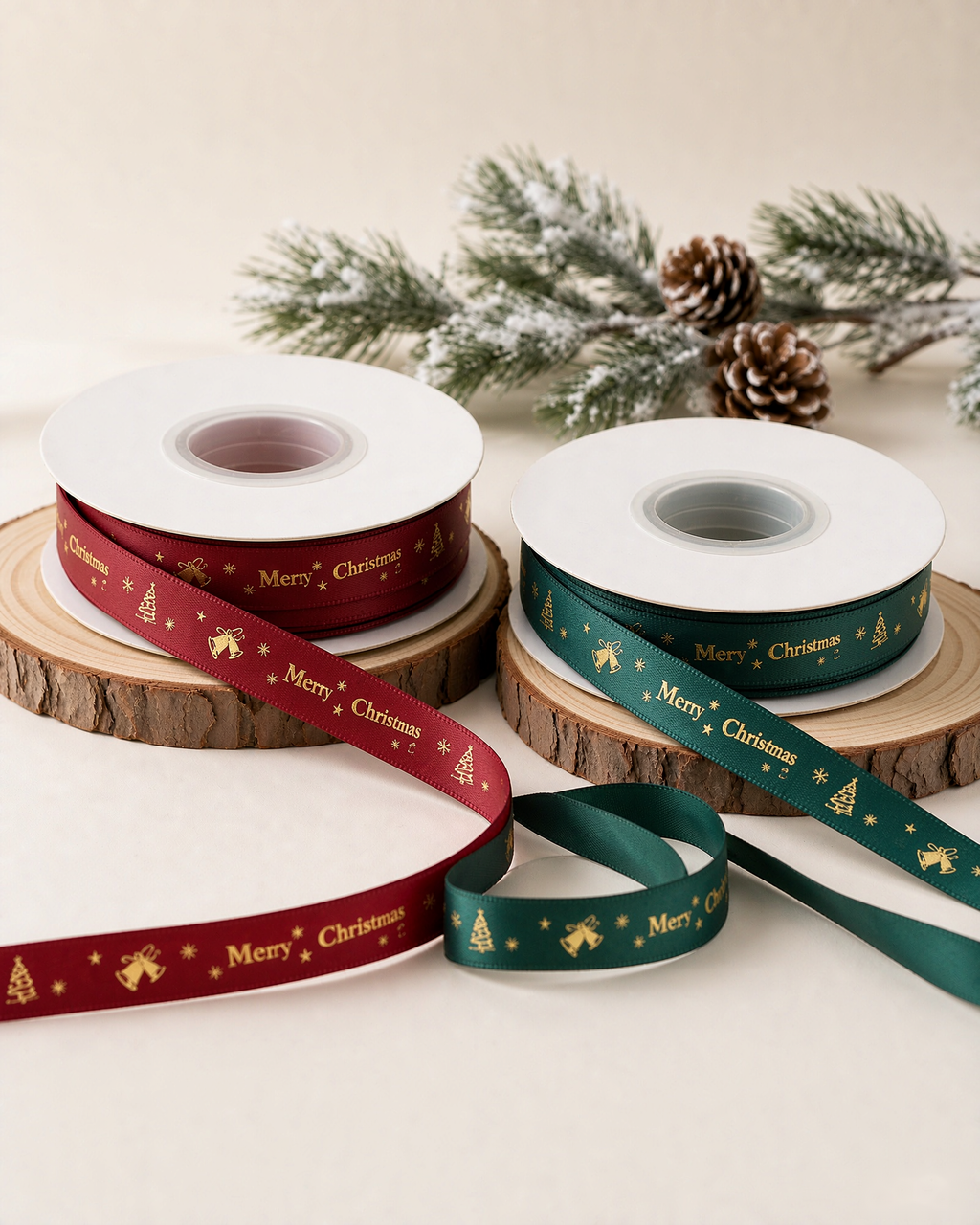 Ruban cadeau de Noël doré, 1 cm × 22 m – Rouge vin & Vert sapin