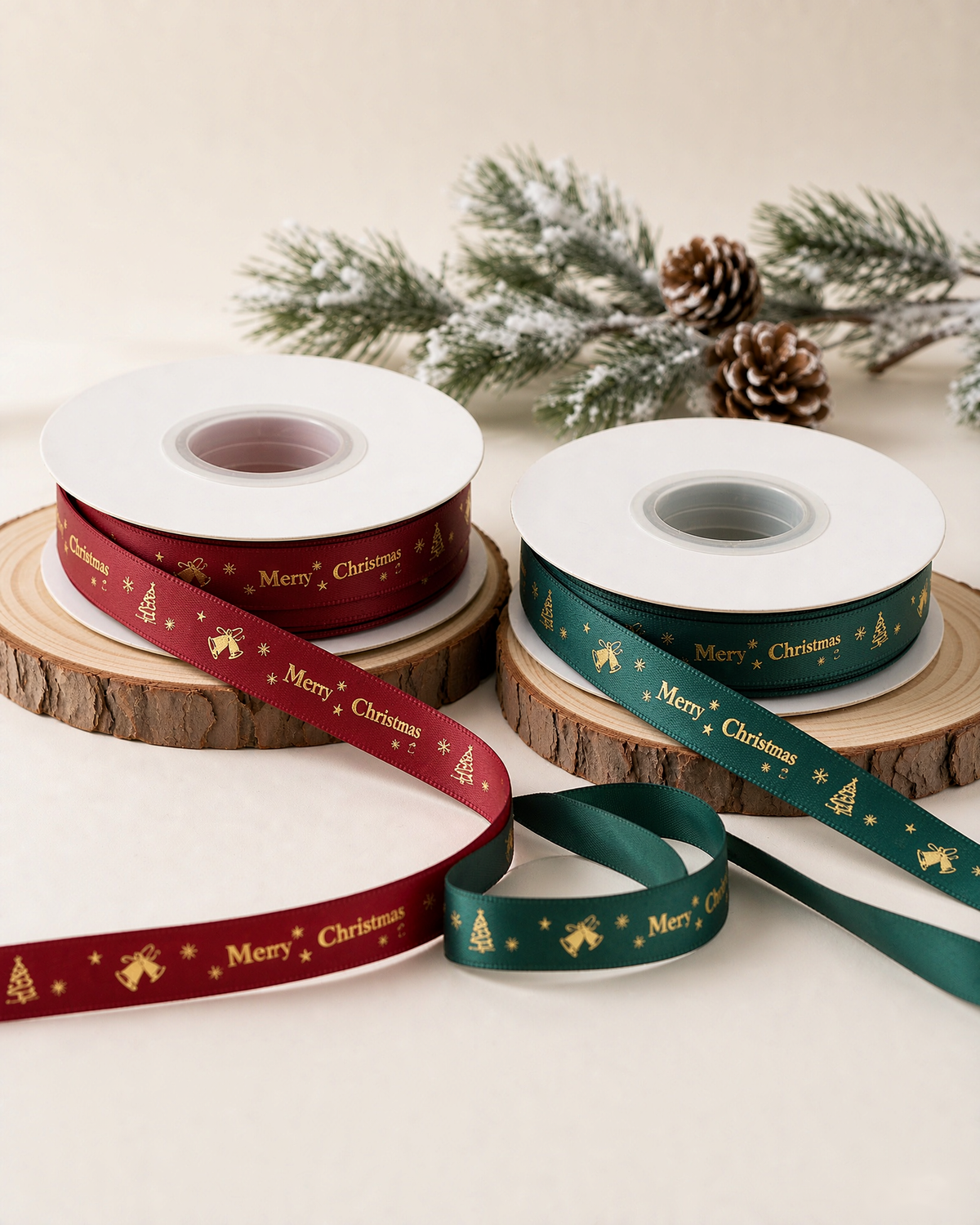 Ruban cadeau de Noël doré, 1 cm × 22 m – Rouge vin & Vert sapin