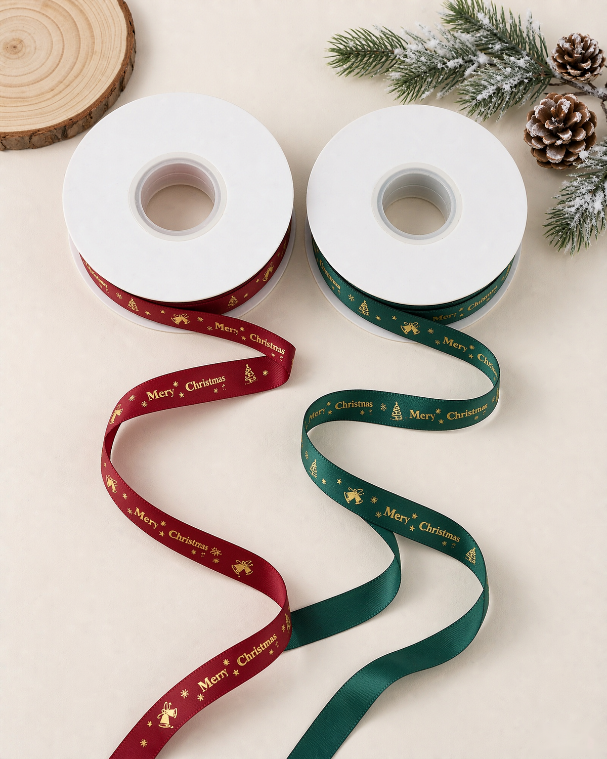 Ruban cadeau de Noël doré, 1 cm × 22 m – Rouge vin & Vert sapin