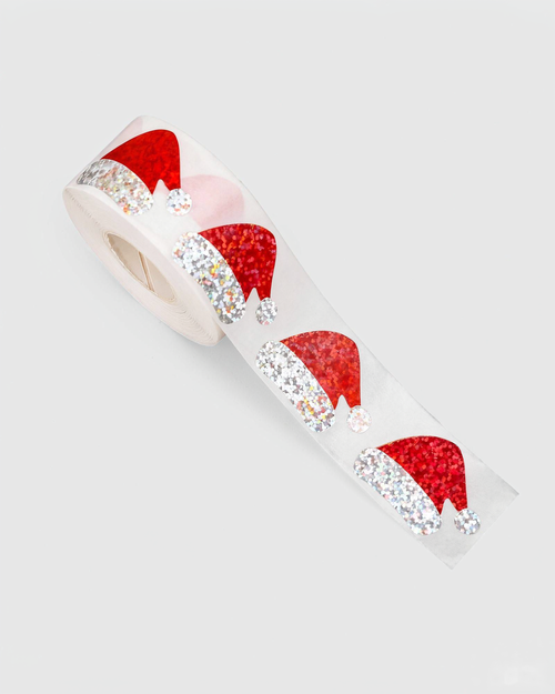 Autocollants de Noël holographiques « Bonnet du Père Noël » – Rouleau de 500 pièces, 3 cm