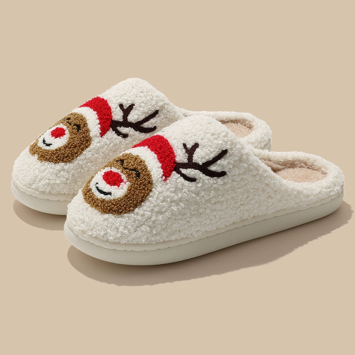 Chaussons d’hiver à motif renne de Noël – Peluche chaude antidérapante, confort douillet pour la maison