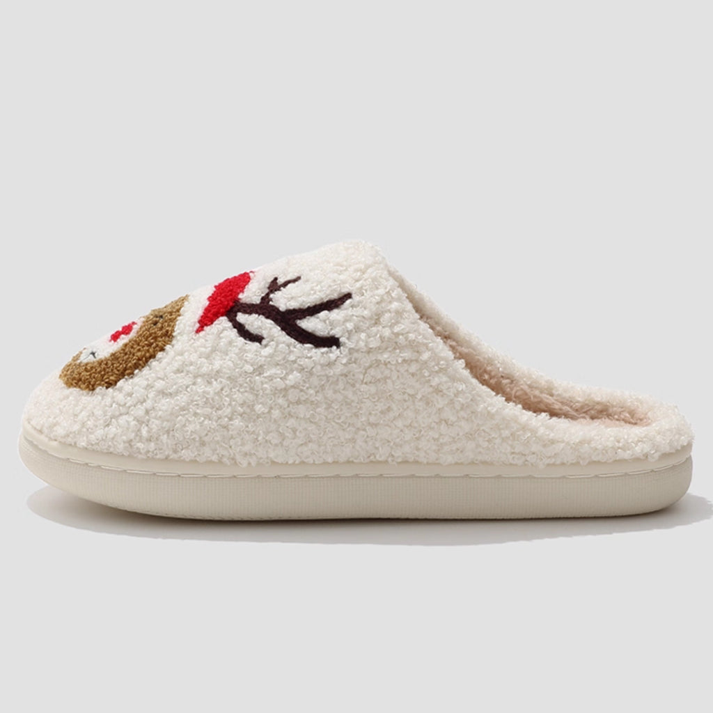 Chaussons d’hiver à motif renne de Noël – Peluche chaude antidérapante, confort douillet pour la maison